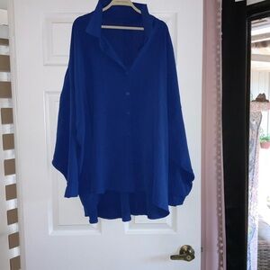 Women's Oversized Blue Button-Front Top